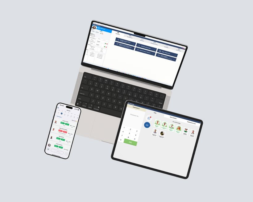 Integrated workforce management showing shift scheduling and time tracking across laptop, tablet and mobile devices.